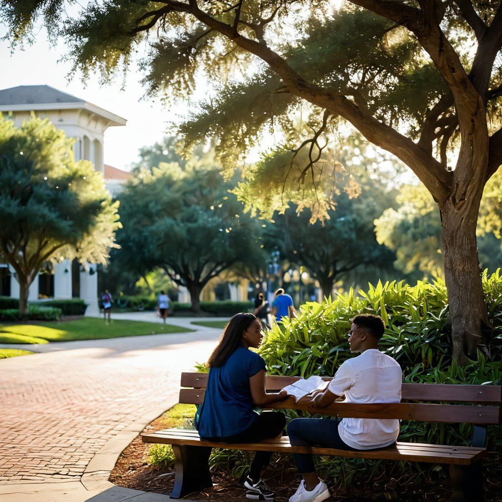A picturesque UCF campus scene capturing diverse groups of students engaging in open discussions, surrounded by lush greenery and iconic buildings. In the foreground, a couple shares a tender moment, symbolizing love and intimacy. Soft sunlight filters through the trees, casting a warm glow over the scene, emphasizing connection and community. A sense of warmth and inclusivity radiates from the environment. vibrant colors. super-realistic.