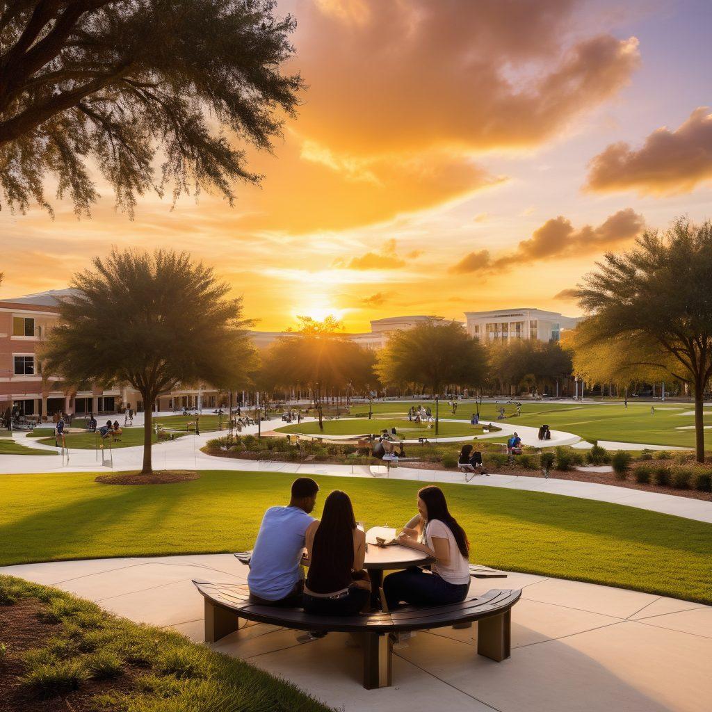 A vibrant campus scene at UCF, showcasing diverse college students engaging in meaningful conversations and studying together, with a heart-shaped sunset casting warm light over the iconic buildings. Include elements of friendship, love, and academic collaboration, with trees and outdoor seating creating an inviting atmosphere. super-realistic. vibrant colors. warm tones.
